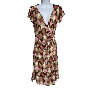 Dressbarn Womens Geometric Print Faux Wrap Dress Size Small Pink/Brown/Beige